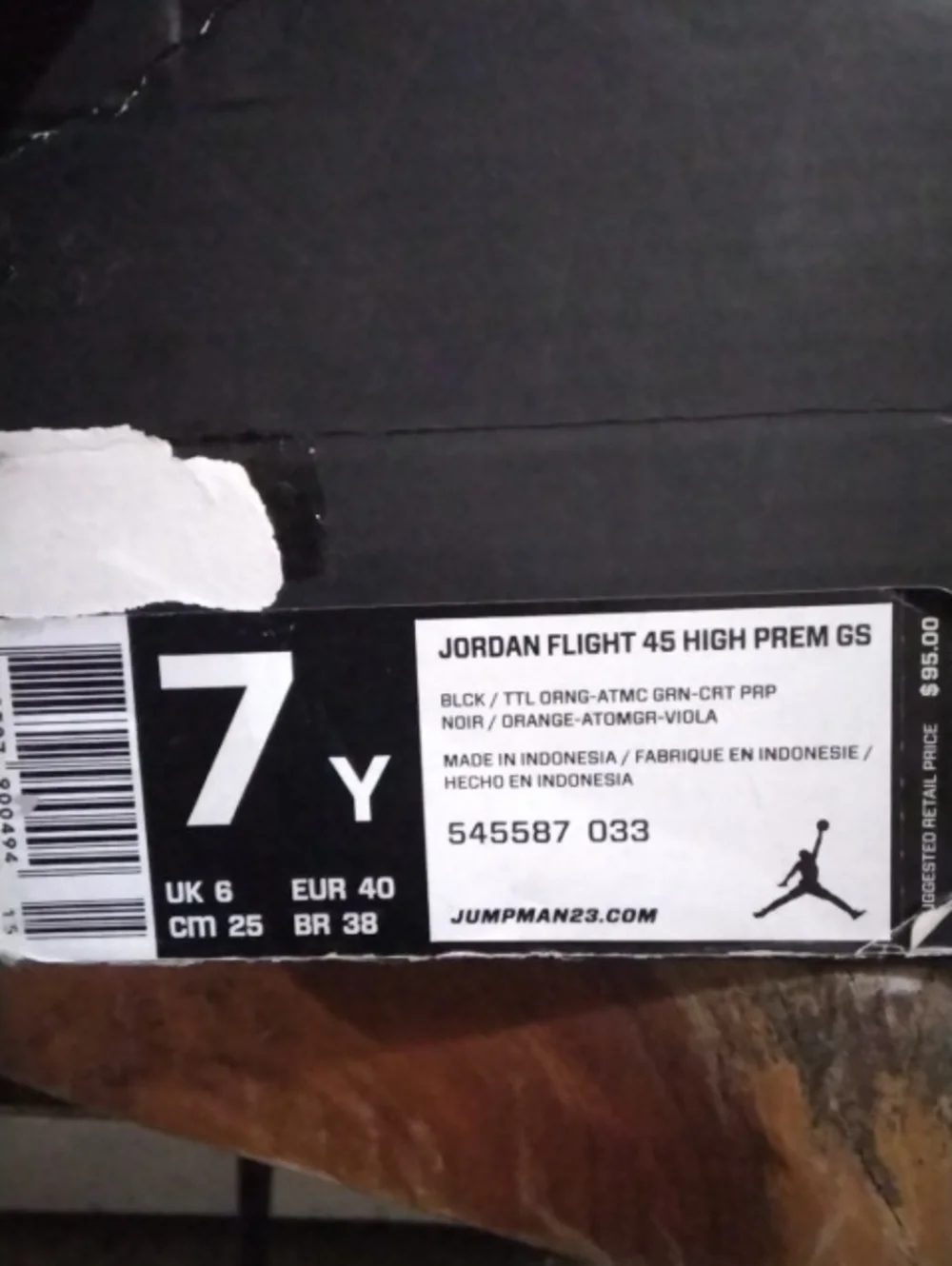 Jordan Flight 45 High Premium GS in Purple, Black and Orange Sz 7Y